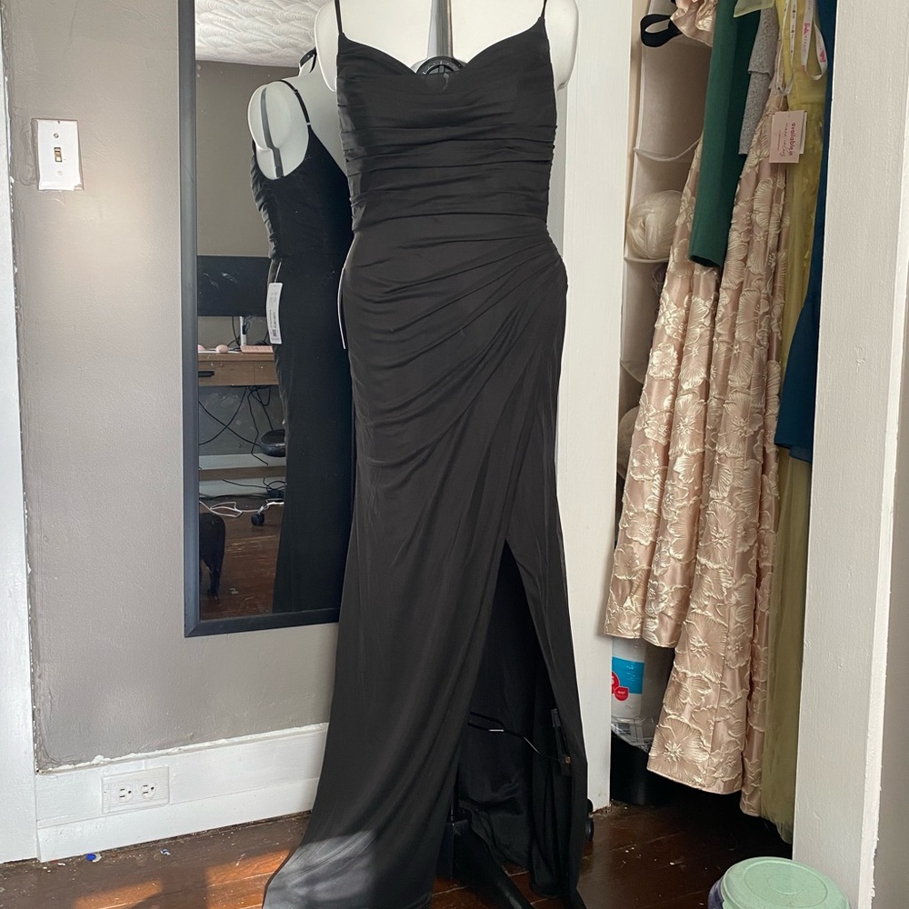 Azazie Black Ruched Spaghetti-Strap Maxi Gown